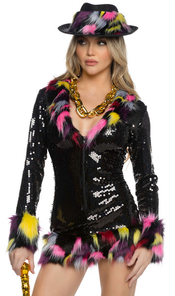 Flirty Pimp Babe costume includes long sleeve black sequin mini dress featuring multicolor animal print faux fur trim, long sleeves, V neckline and zipper front closure. Matching fedora style hat also included. Two piece set.