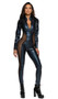 Nocturnal Vixen Catsuit features coated spandex for a sleek finish, mock neck, cut out fishnet sides, and front zipper closure. One piece set.