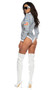 Alluring Astronaut costume includes reflective long sleeve romper featuring embroidered patches with American flag and space shuttle, parachute buckle straps, vinyl trim, mock neck, high cut on the leg, and zipper front closure. One piece set.