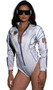 Alluring Astronaut costume includes reflective long sleeve romper featuring embroidered patches with American flag and space shuttle, parachute buckle straps, vinyl trim, mock neck, high cut on the leg, and zipper front closure. One piece set.