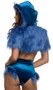 Cookie Jar Monster costume includes velvet and faux fur hooded bolero with eyes and satin ribbon front ties with faux cookie ends. Matching high waisted shorts with faux fur trim and cookie print bra top also included. Three piece set.