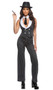 Gorgeous Gangster costume includes pinstriped vest featuring satin lapels, and buttons accents. Matching pants and collar with mini neck tie also included. Three  piece set.
