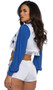 Dallas Touchdown Tease Cheerleader costume includes crop top with long sleeves, tie front and collar. Vest with star patch and fringe detail also included. Shorts and faux leather adjustable belt with buckle and star accents also included. Four piece set.
