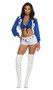 Dallas Touchdown Tease Cheerleader costume includes crop top with long sleeves, tie front and collar. Vest with star patch and fringe detail also included. Shorts and faux leather adjustable belt with buckle and star accents also included. Four piece set.