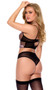 Embroidered mesh cami top features underwire cups with V wire, adjustable shoulder straps, scalloped trim and keyhole hook and eye back closure. Matching cheeky panty with detachable and adjustable garters also included. Two piece set.