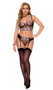 Embroidered mesh cami top features underwire cups with V wire, adjustable shoulder straps, scalloped trim and keyhole hook and eye back closure. Matching cheeky panty with detachable and adjustable garters also included. Two piece set.