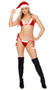 Santa's Secret costume includes velvet string bra top with adjustable faux fur trimmed cups, halter neck and tie back. Matching side tie thong with pom pom accents also included. Matching hat also included. Three piece set.