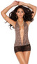 Plunging halter neck backless leopard print mini dress with attached floral lace skirt.