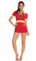 Beach Patrol lifeguard costume includes one piece swimsuit, booty shorts, zip front short sleeve jacket, and whistle. Four piece set. Can be worn in many different combinations. Logo on jacket and one piece swimsuit has a medical cross logo that says "Ocean View Beach Patrol". Back side of the booty shorts also say "Beach Patrol".