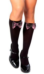 Black knee high stockings with baby pink plaid bows.