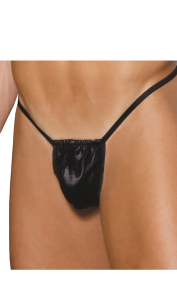 Leather pouch underwear with elastic G-string back.