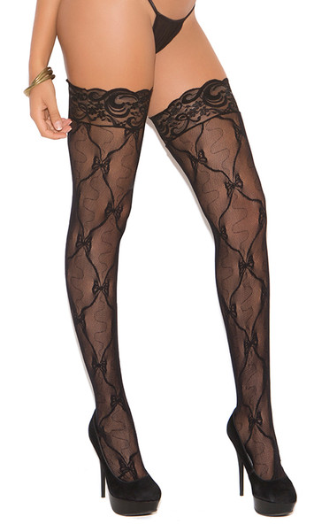 Bow pattern lace thigh high stockings with back seam and lace stay up silicone top.