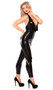 Wet look catsuit with plunging neckline and halter neck.