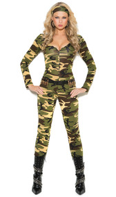 Combat Warrior costume includes long sleeve zip front camouflage jumpsuit, bullet belt, and camouflage head scarf. Three piece set.