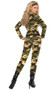 Combat Warrior costume includes long sleeve zip front camouflage jumpsuit, bullet belt, and camouflage head scarf. Three piece set.