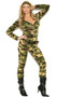 Combat Warrior costume includes long sleeve zip front camouflage jumpsuit, bullet belt, and camouflage head scarf. Three piece set.