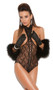 Lace cupless teddy with halter style neck, lace up front, open back, and open bottom.
