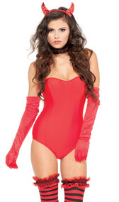 Devilish Delight costume includes bodysuit with attached tail and detachable/adjustable straps. Crotch does not open and it is lined. Also includes elbow length satin gloves, and sequin horns headband.