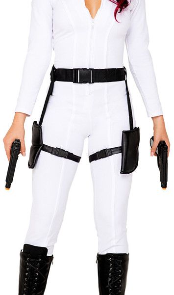 Double leg holster with connected belt. Belt is canvas, adjustable with clasp closure.