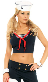 Sailor hat and two matching wrist cuffs. Wrist cuffs have button closure.