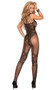 Fishnet and lace bodystocking with multi shoulder straps and open crotch. Faux teddy, lace top thigh highs and garter belt look.