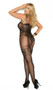 Fishnet and lace bodystocking with multi shoulder straps and open crotch. Faux teddy, lace top thigh highs and garter belt look.