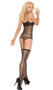 Fishnet and pothole camisette with side striped design, spaghetti straps and adjustable garters. G-string and stockings are also included. Three piece set.