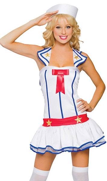 Flirty First Mate sailor costume includes sleeveless dress with attached rear bib, mini built in petticoat, gold star details, and red bow accent. Hat with red ribbon also included. Two piece set.
