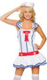 Flirty First Mate sailor costume includes sleeveless dress with attached rear bib, mini built in petticoat, gold star details, and red bow accent. Hat with red ribbon also included. Two piece set.