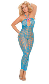 Footless halter neck crochet bodystocking with pink satin bow, lace trim around the ankles, and an open crotch.
