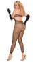Footless crochet bodystocking with halter neck, keyhole front, lace trim on ankles, red satin bow detail, and open crotch.