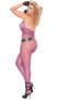 Halter neck fishnet bodystocking with lace for the collar. Open crotch.