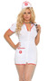 Head Nurse costume includes zip front mini dress and head piece. Two piece set.