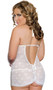 Jaquard mesh halter chemise with contrast lace up sides, ruffle trim, ruched back detail, and g-string.