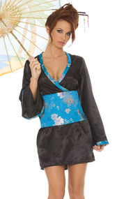 Japanese Doll costume includes satin dress with tapestry sash and parasol. Parasol included varies slightly from the picture. Ours is a light blue color with floral print design on it, similar to the tapestry print. Three piece set.