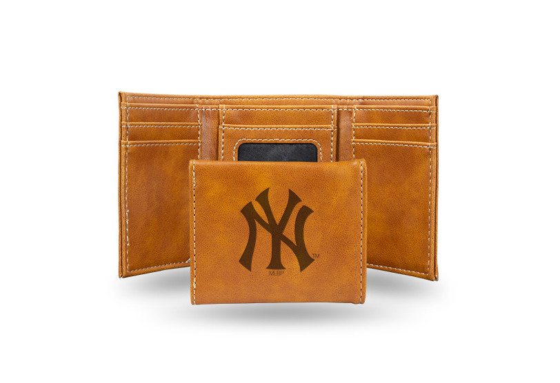 New York Yankees Laser Engraved Brown Trifold Wallet - BiggSports