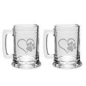 Paw Print Heart Deep Etched Glass Tankard Mug Set of 2