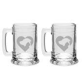 Cat Dog Heart Deep Etched Glass Tankard Mug Set of 2