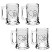Paw Print Heart Deep Etched Glass Tankard Mug Set of 4