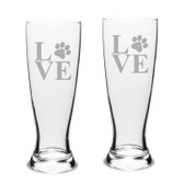 Paw Print LOVE Deep Etched University Beer Pilsner Glass Set of 2