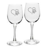 Paw Print Heart Deep Etched White Wine Glass Set of 2