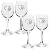 Paw Print Heart Deep Etched White Wine Glass Set of 4