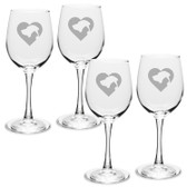 Cat Dog Heart Deep Etched White Wine Glass Set 4