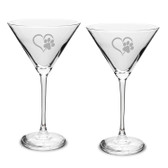 Paw Print Heart Deep Etched Martini Glass Set of 2