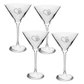 Paw Print Heart Deep Etched Martini Glass Set of 4