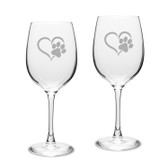 Paw Print Heart Deep Etched Classic Wine Glass Set of 2