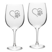 Paw Print Heart Deep Etched Classic Red Wine Glass Set of 2