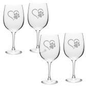 Paw Print Heart Deep Etched Classic Red Wine Glass Set of 4
