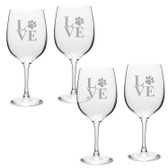 Paw Print LOVE Deep Etched Classic Red Wine Glass Set of 4