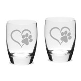 Paw Print Heart Deep Etched Luigi B Michelangelo Double Old Fashion Glass Set of 2